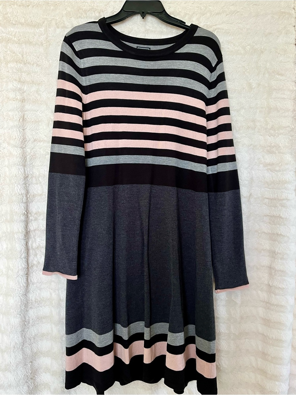 Jessica Howard Women’s Striped Long-Sleeve Knit Dress in Black, Pink & Grey